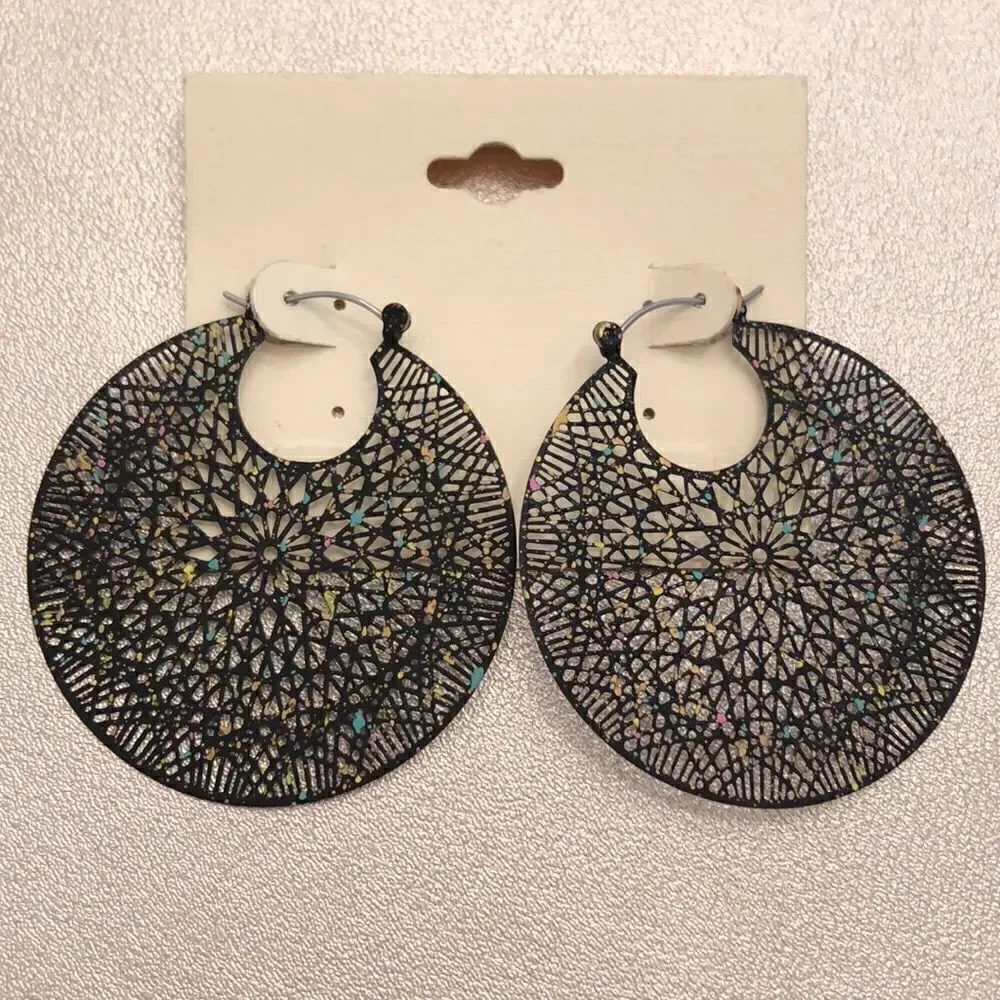 Black Filigree Hoops | Black with Multicolored Flecks | 2” Diameter